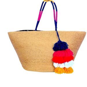 Beach boho chic woven style tote book day bag with yarn pom pom tassel